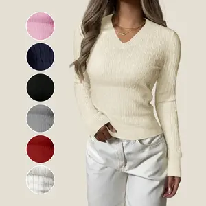 Women's Spring Casual Thin And Soft V Neck Long Sleeve Slim Fit Fitted Cropped Cable Knit Sweater Basic Pullover Top Lightweight Knitwear White