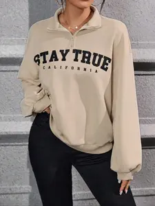 Women's Letter Print Drop Shoulder Zip Up Fuzzy Sweatshirt, Half Zip Fuzzy Graphic Sweatshirts, Casual Long Sleeve Collared Pullover for Fall & Winter, Women's Clothes for Daily Wear