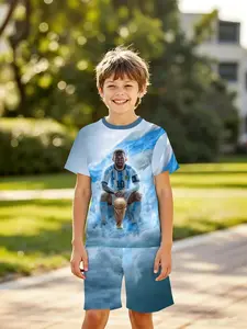 Boys' 3D Short Sleeve Set, Messi Argentina No. 10 World Cup Trophy Full Print, Outdoor Wear, Holiday Gift, Birthday Present, 2026 World Cup