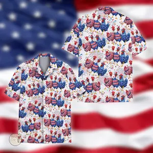 Funny Rooster Hawaiian Shirt, Patriotic 4th of July Style Tropical Short Sleeve Shirt, Summer Aloha Button Down Shirt, Gift for Him or Her