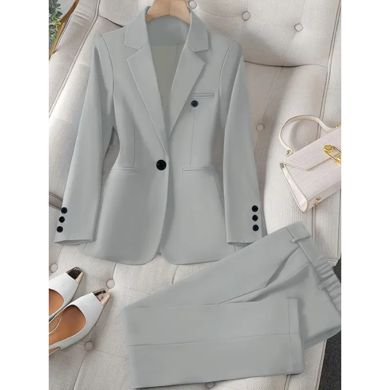 Lady's Machine Washable 2-Piece Casual Solid Color Trouser Suit - 100% Polyester 270Gsm Woven Longsleeve Blazer Top, Regular Fit, Lapel Collar, All-Season Sports & Outdoor Clothes Set, Pants