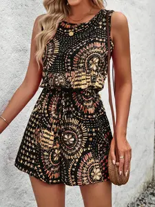 Women's Fashion Elegant Casual Tie-Back Print Sleeveless Romper, Stylish Summer, Comfortable and Trendy Shorts