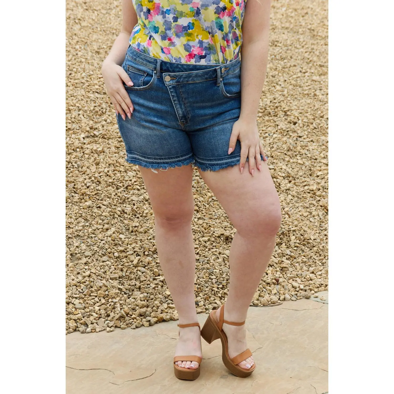 Women's RISEN Maya Full Size Mid-Rise Asymmetrical Cotton Shorts, Chic Apparel with Button Detail for Perfect Fit