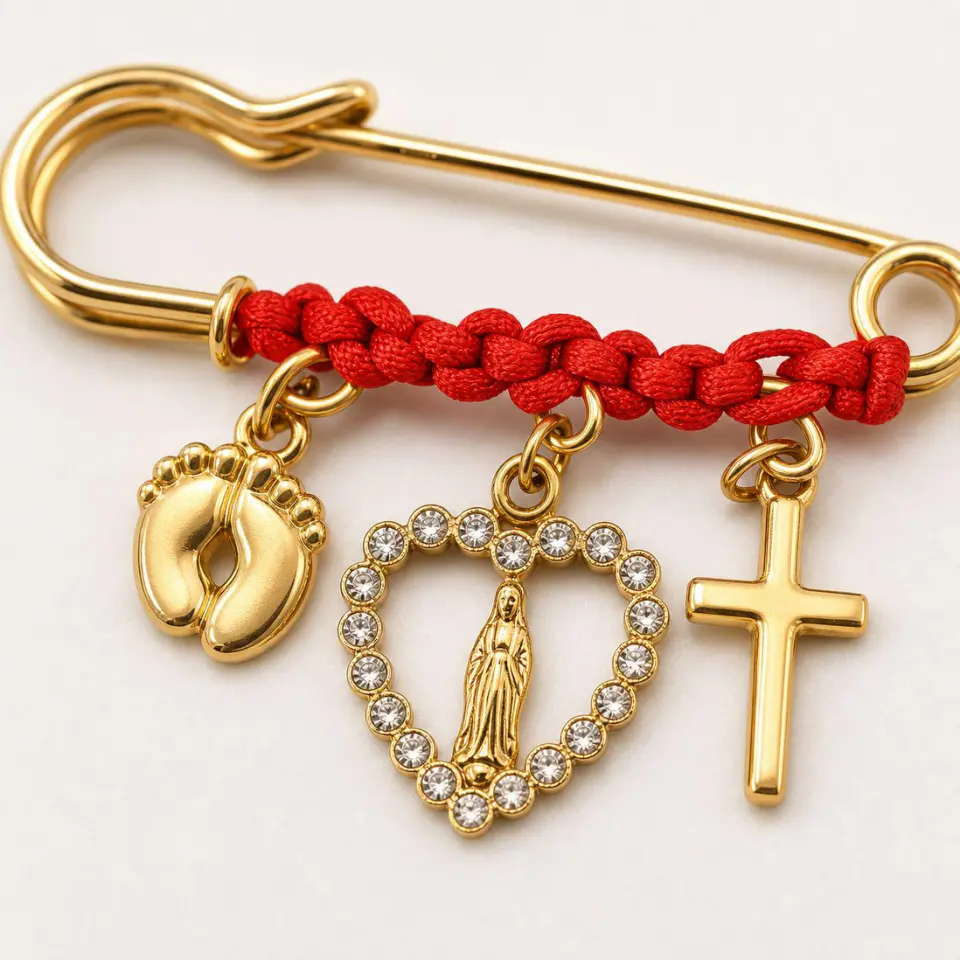 Pregnancy Protection Safety Pin Brooch, Gold Maternity Pin with Baby Footprint, Virgin Mary & Cross Charms, Red Cord Pregnancy Brooch for Expecting Moms, Baby Shower Gift