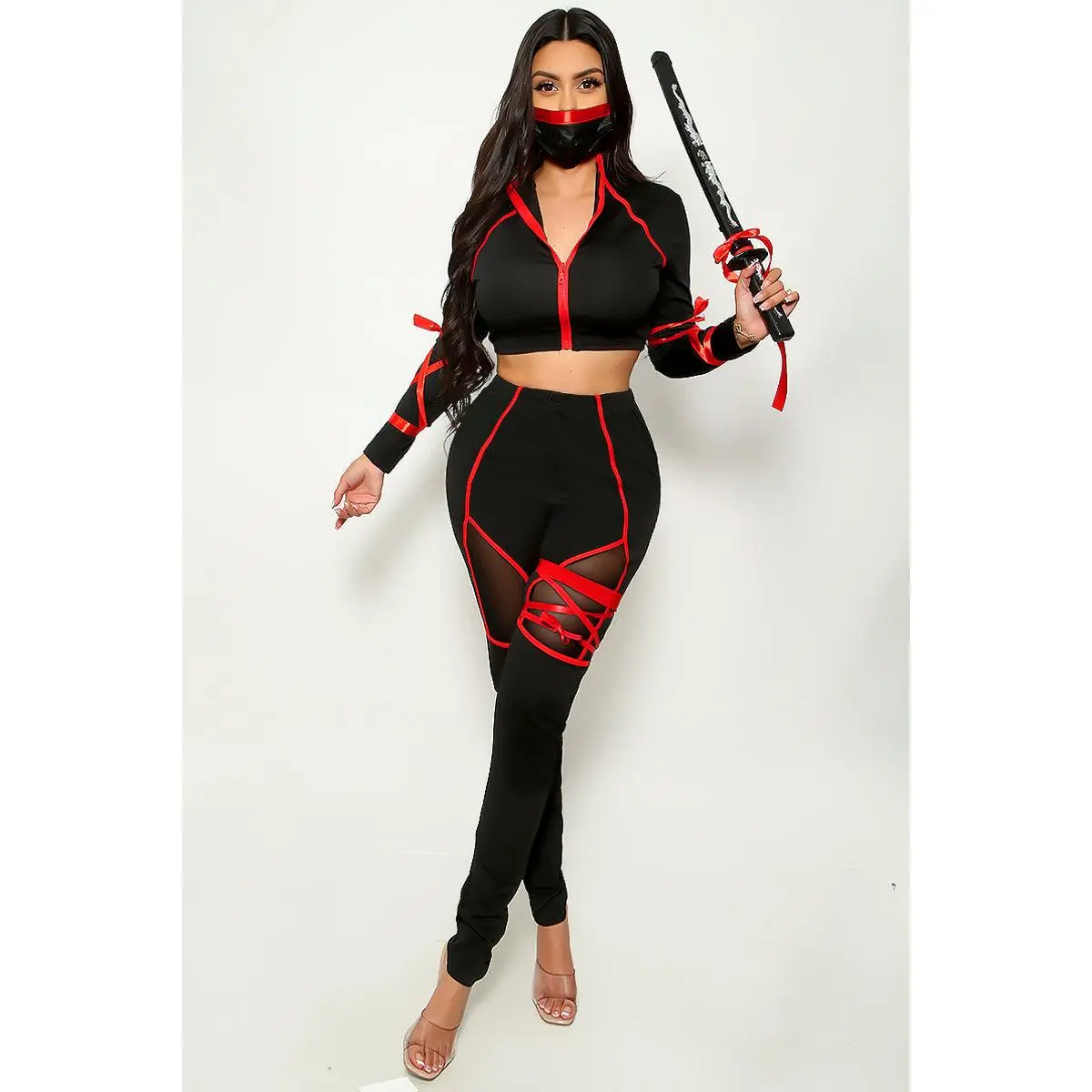 Black Red Sexy Long Sleeve Top 2 Pc Costume