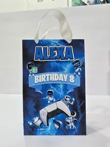 12 pcs Personalized Birthday Gift Bags with Name and Age – Bags with Ribbon Handles- 8.5"x5.5 (Astro bot)