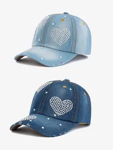 1PC ladies' crystal heart-shaped denim baseball cap, a fashionable retro washed blue beanie hat, suitable for daily commuting, shopping, music festivals, outdoor travel, mountain climbing and sun protection.