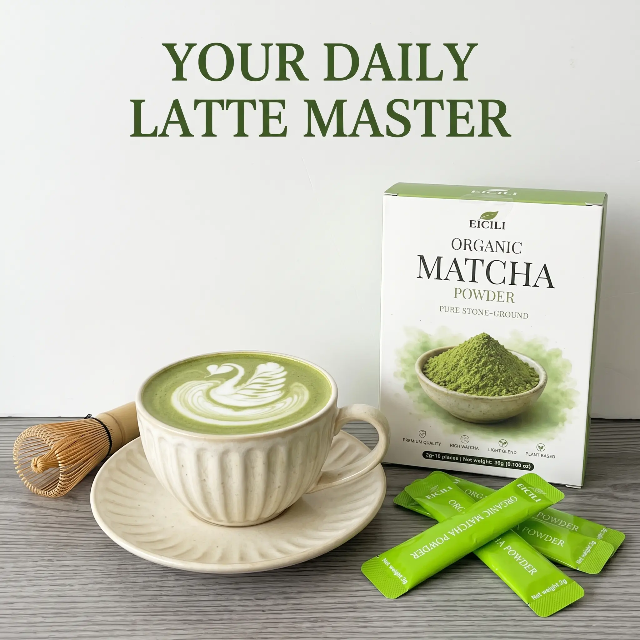 EICILI Organic Matcha Sticks, On-the-Go Stone-Ground Green Tea Powder, Smooth & Rich, Vegan, 10 Pack