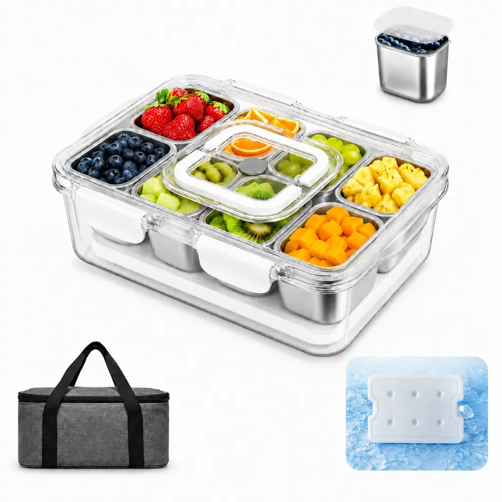 Snackle Box Container, Snackle Box with Ice Pack, 304 Stainless Steel Snack Box,  Divided Serving Tray with Lid For Beach, Road Trip, Boat Days, Pool Party