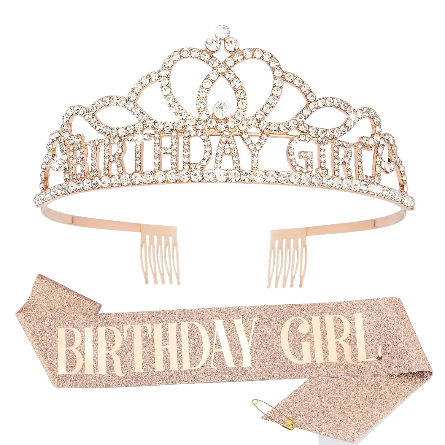 SQ-HDW014 Birthday Girl Sash and Birthday Crown Rose Gold Birthday Tiara for Women Birthday Girl Headband Princess Crown Birthday Decorations Birthday Crown and Sash Rhinestone Happy Birthday Accessories Birthday Gifts