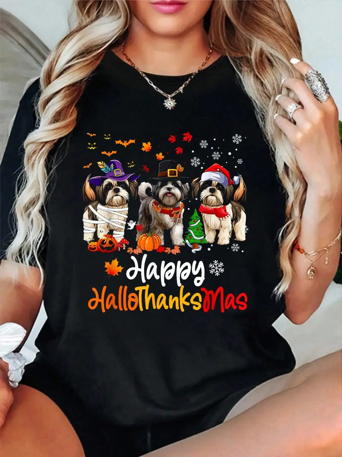 Women's 100% Cotton Shortleeve Whimsical Shih Tzu Graphic T-Shirt - Vintage Everyday Streetwear Top for Hallothanksmas Occasions