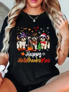 100% Cotton Shih Tzu Dog Halloween Christmas Happy Hallothanksmas Men Women Kids T-Shirt Women's vintage Summer vacation tops Graphic Tee