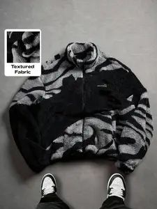 Unisex Y2K Style Gothic Runes Cross Pattern Patchwork Streetwear Camouflage Colorblock Fall Winter Fleece Warm Fitted Jacket Coat, High Street Culture Gift