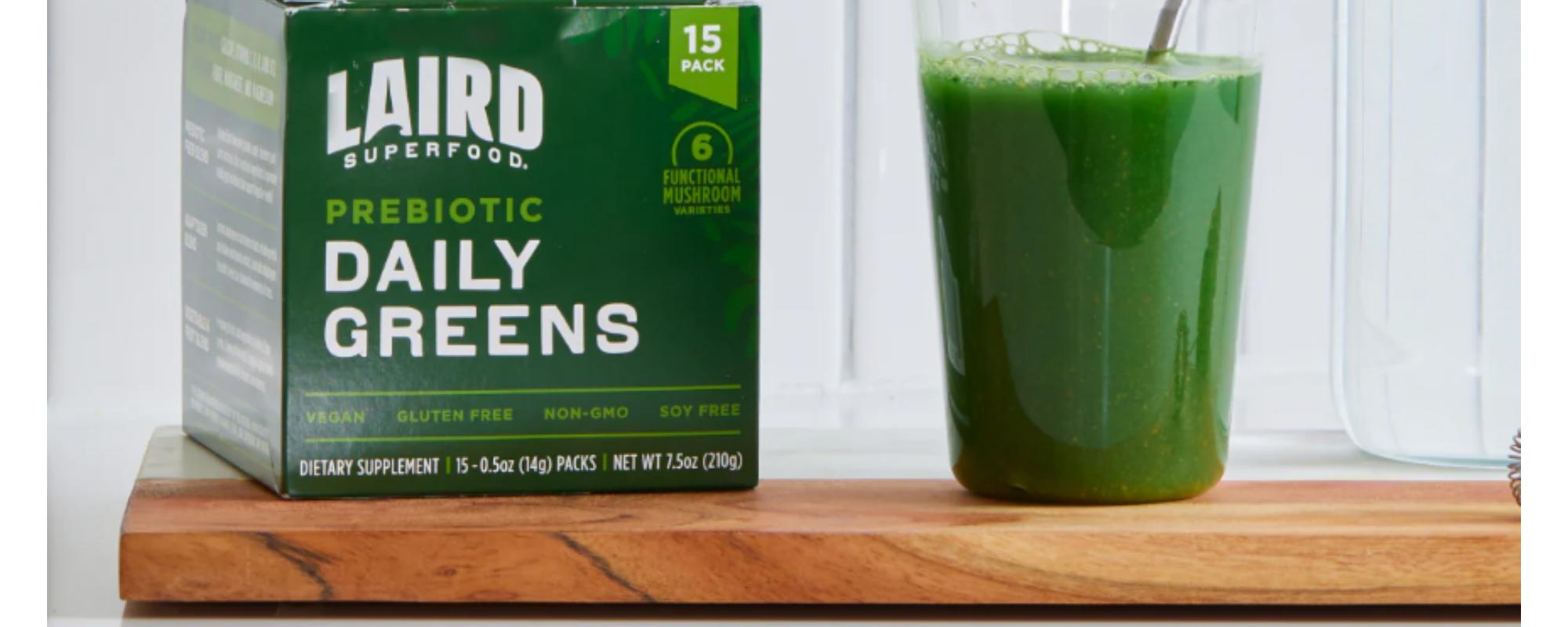 Laird Superfood Prebiotic Daily Greens - Vegan Non-GMO Drink Mix with 3 Superfood Blends & Functional Mushrooms for Gut Health - 14.8oz - Probiotic