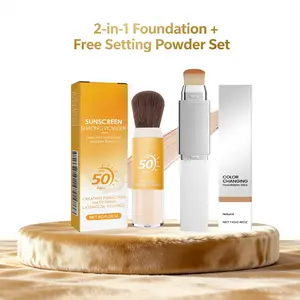 2-in-1 Color Changing Foundation Stick Natural Shade & Setting Powder Set - Matte Oil-Control Long-Lasting Makeup Essentials Suitable for Dry Skin, Valentine's Day Gift  Concealer Flawless Lightweight Smooth Coverage Daily Cosmetic