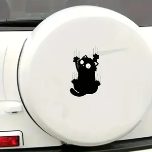 1PC Cute Black Cat Scratching Sticker, Multipurpose Car Decal For Car Spare Tire Covers, Stationery, Carry Bags, Black-White Block Texture Details