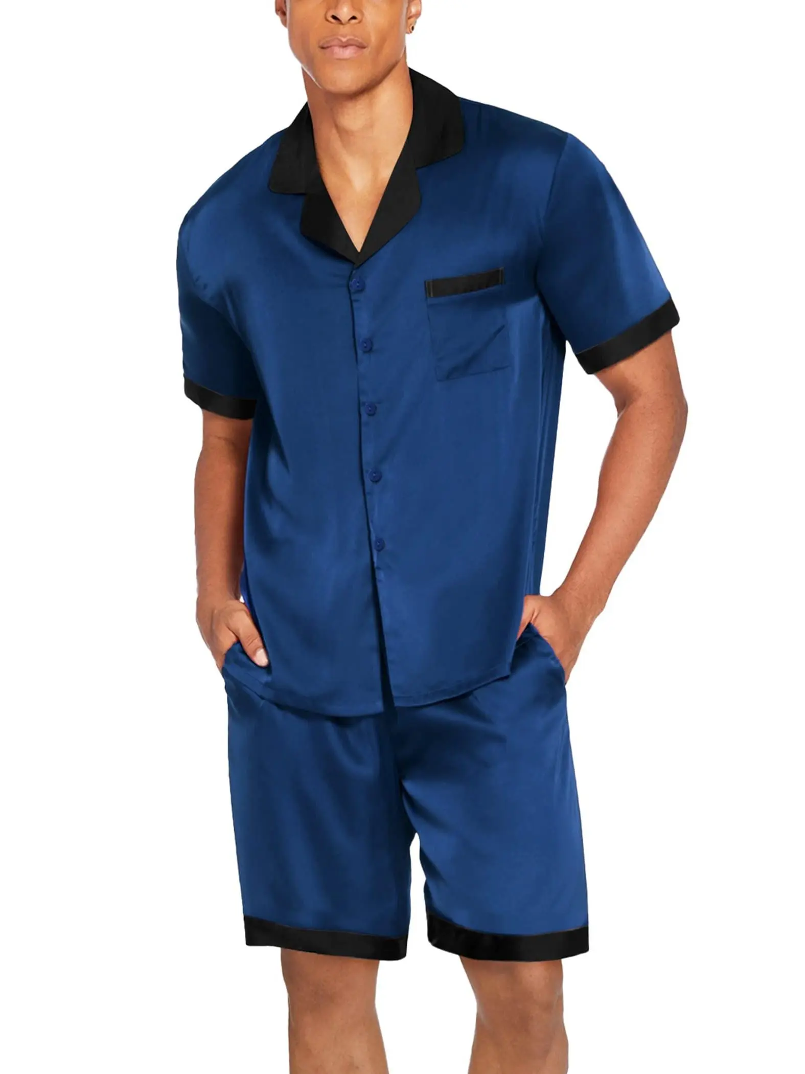 Ekouaer Men's Classic Silky Soft Polyester Satin Fabric 2-Piece Short-Sleeve Button-Down Casual Pajamas Set - Lightweight Drape Summer Shorts Sleepwear with Plain Design, Left Pocket, Adjustable Waist, Contrast Piping, S-3XL, Ideal for Birthday Gifts, Fas