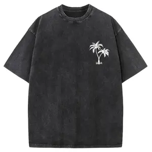 Holafish "Coconut Tree Logo" Creative Pattern Printing Heavy 230g Pure Cotton Oversized Drop Shoulder T-Shirt Washed T-Shirt Men's Retro Street T-Shirt Basic T-Shirt Loose Hip-Hop Unisex Top Acid Wash T-Shirt Menswear
