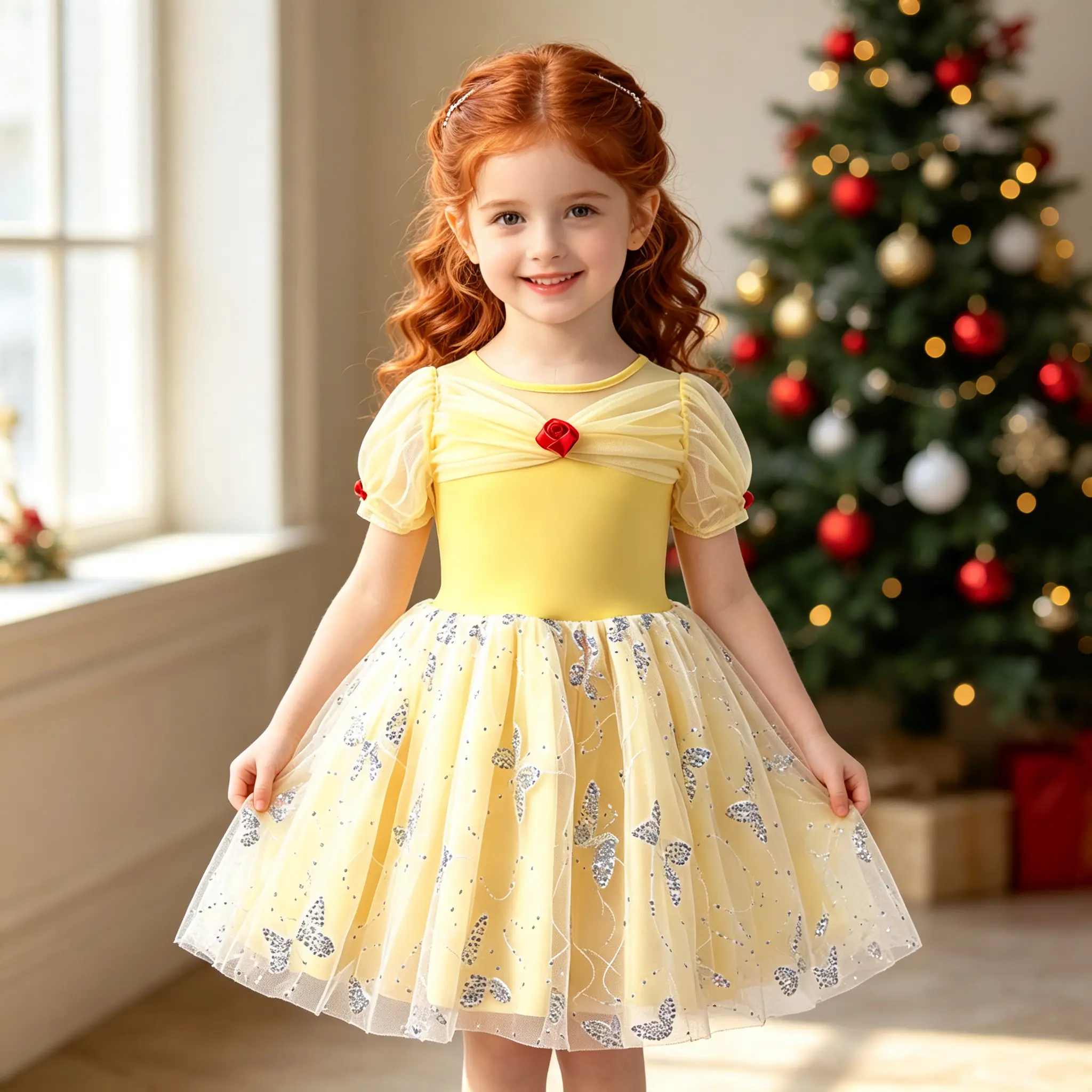 Girls Bright Yellow Puff Sleeve Princess Tutu Dress, Red 3D Rose Bow & Silver Sequin Butterfly Tulle Skirt For Christmas Birthday Party Holiday Costume