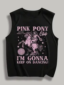 Men's Regular Fit Pony & Letter Print Tank Top, Casual Sleeveless Top for Summer, Men's Clothes for Daily Wear, Socks