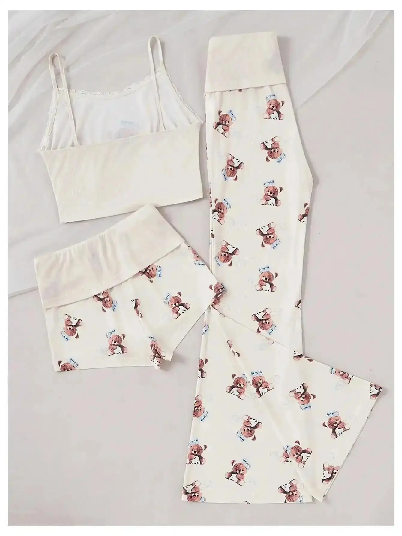 Graceful 3 Piece Pajama Set Cute Printed Lace Cami Crop Top and Pleated Shorts with Pants Sleepwear Cropped Look, Well Made, Coordinated Set, Go To Style, Must Have, Long Lasting, All Day Comfort, effortless layering