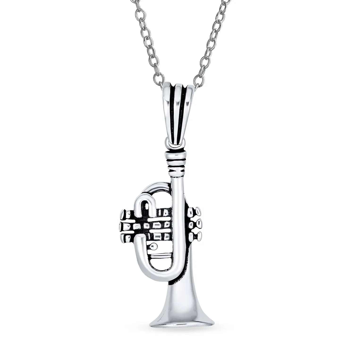Musician Jazz Lover Trumpet Instrument Pendant Necklace .925 Sterling Silver