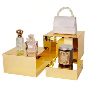 3 Pcs Gold Acrylic Risers for Display, Acrylic Cube Boxes Gold Risers Food Display Risers Stand Shelf for Catering Dessert Collectibles Jewelry Figures Party