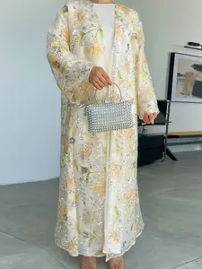 Women's 2-Piece Embroidered Flower Beaded Sequins Open Abaya and Satin Lined Dress Set (Open Abaya + Inner Dress)