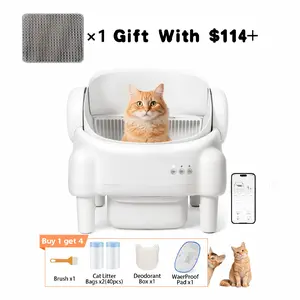 TAYACICY Smart Self - Cleaning Litter Box Open Top Automatic with App Control for Multiple Cats Safety Sensors Odor Control Includes 2 Roll Liners Large Waste Bin Cream White