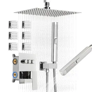 fathersdaygift VEVOR Shower Faucet Set, 10 Inch Ceiling Mount Rainfall Shower System with 6 Body Jets and 2 in 1 Handheld Spray, Rotatable 3-Function Rain Head System Set, Complete Brass Valve and Trim Kit, Chrome