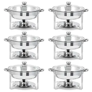Gaomon 5QT Round Shape Stainless Steel Chafing Dish Warmer Set (6 Pack) - Buffet Sets with Glass Lids, Fuel Holders, Food Pans, Gentle Heat to Serve - Ideal for Weddings, Parties