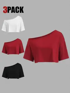 Summer Short Sleeve Off-Shoulder Cropped Graphic Tee Set, Loose Fit Casual Women's Clothing, Fashionable Three-Piece