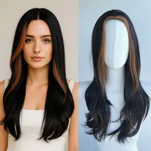 Trendy Middle-Part Straight Wig - Stylish Streaked Medium-Long Synthetic Hair 60cm Length Heat-Resistant for Ultimate Comfort Black with Copper Highlights