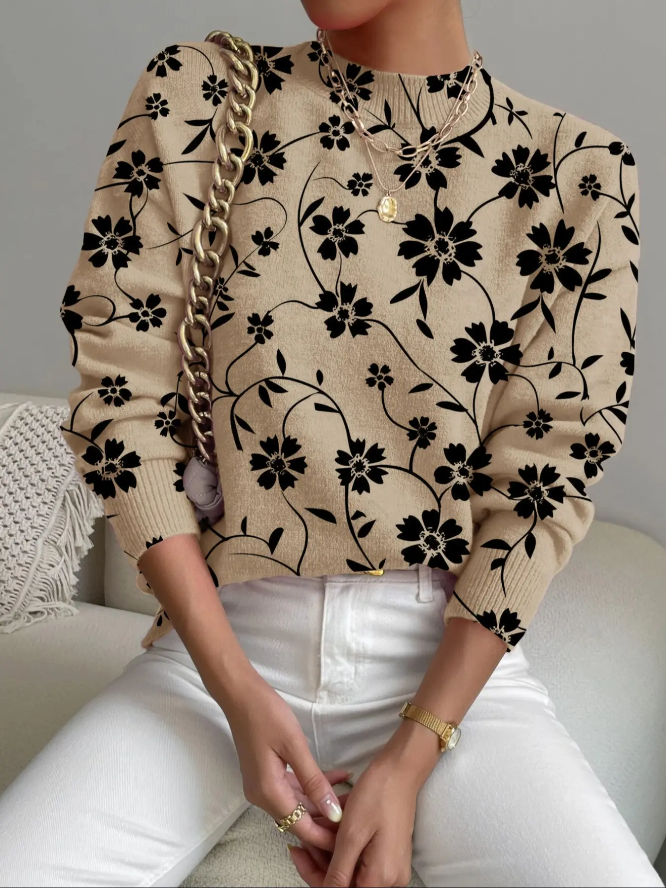 Women's Vintage Vine Floral Printed Sweater, Casual Long Sleeve Knit Top, Comfortable Warm Fall & Winter Clothing