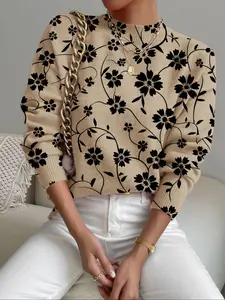 Women's Vintage Vine Floral Printed Sweater, Casual Long Sleeve Knit Top, Comfortable Warm Fall & Winter Clothing
