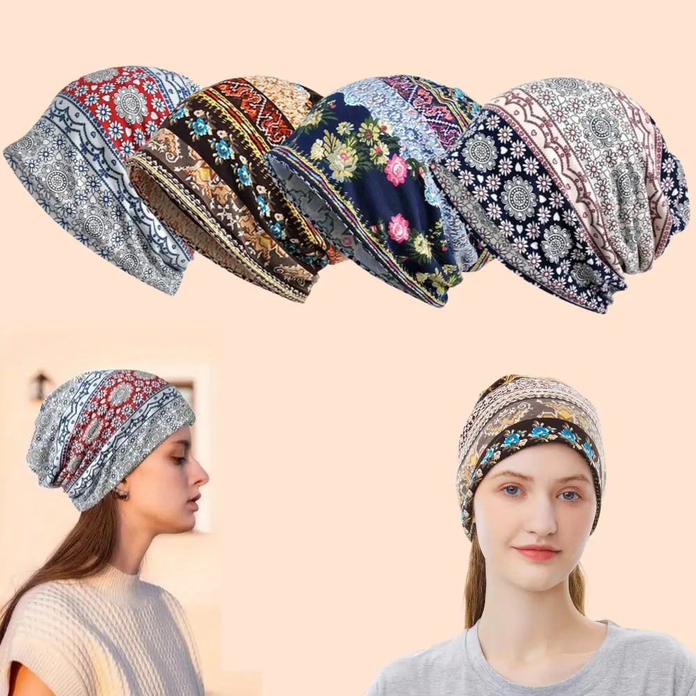 4pcs Boho Style Slouchy Beanies - Soft Polyester Blend, Vibrant Floral & Geometric Patterns, Machine Washable, Ideal for Thanksgiving, Mother'S Day, Campus Wear, Thanksgiving Headwear | Vibrant Patterns | Machine Washable Hat Suitable for Men and Women Su