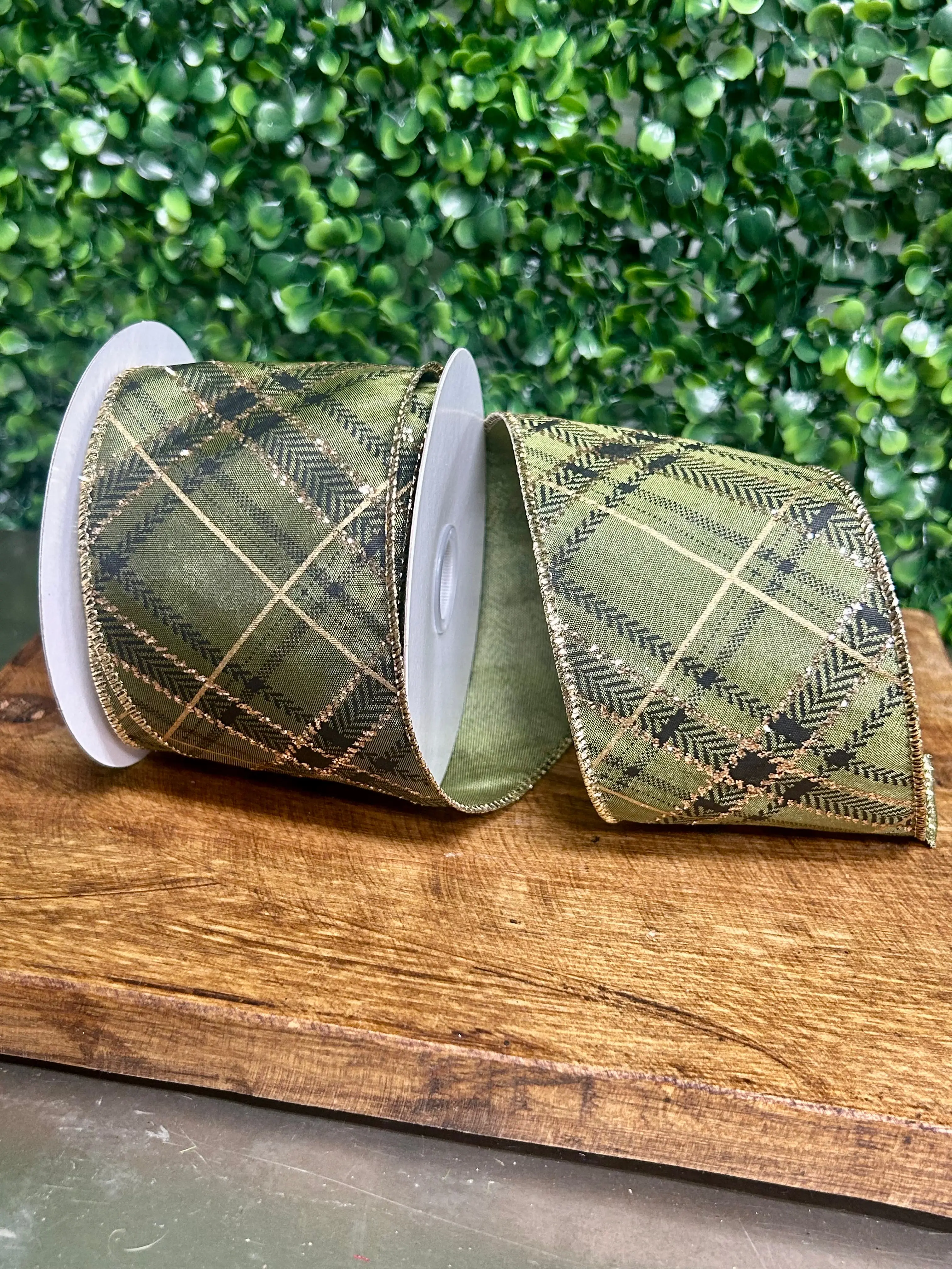 2.5 Inch By 10 Yard Green And Gold Christmas Plaid Ribbon