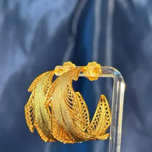 18K Gold Plated Filigree Leaf Hoops Handcrafted Custom Artisan Jewelry for Women's Earrings