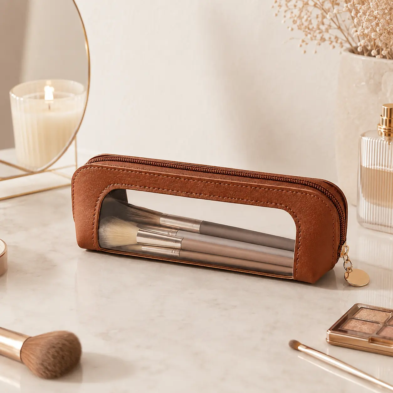 Clear Window Makeup Brush Bag, Portable Zipper Cosmetic Brush Holder, Slim Travel Beauty Tool Storage Pouch For Handbag