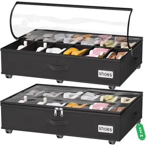 Bed Shoe with Wheels, Fits 24 Pairs, Rolling Shoe Organizer with Bottom & Clear Lids, Sturdy Bed Box for Shoes, Set of 2, Black