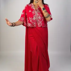 Elegant Modest Ready to wear Dress Saree with cape  Womenswear Party-wear in Red Color