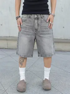 Men's Casual Loose Fit Wide Leg Denim Shorts, All Seasons Street Style, Pure Color Pocket Design, Versatile Straight Leg Jeans