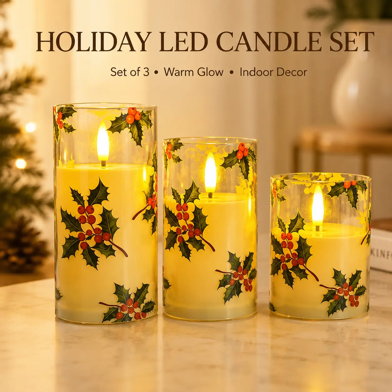 3-Piece Christmas Flameless LED Candle Set, Holly Berry Printed Clear Cylinder Candles with Warm Glow, Holiday Tabletop Decor for Mantel, Dining Table, Bedroom and Living Room