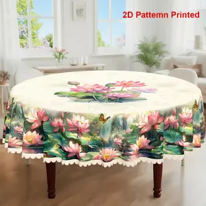 1pc, Lotus Themed Party Tablecloth, Spring Summer Butterfly Pond Printed Design, Rectangular/Round/Oval Table Cloth, Embossed Edge, Suitable For Picnic Dinner Kitchen Dining Room Decoration