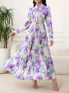 Elegant Style Dress, Floral Print Long Sleeve Women's Formal Party Gown, Stand Collar Belted A-Line Skirt Zyd2qs912 Chic