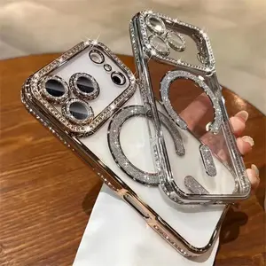 High End Shiny Rhinestone Phone Case Suitable For iPhone 17Air 17 16 15 14 13 12 Pro Max Magnetic Transparent Lens Protection Case