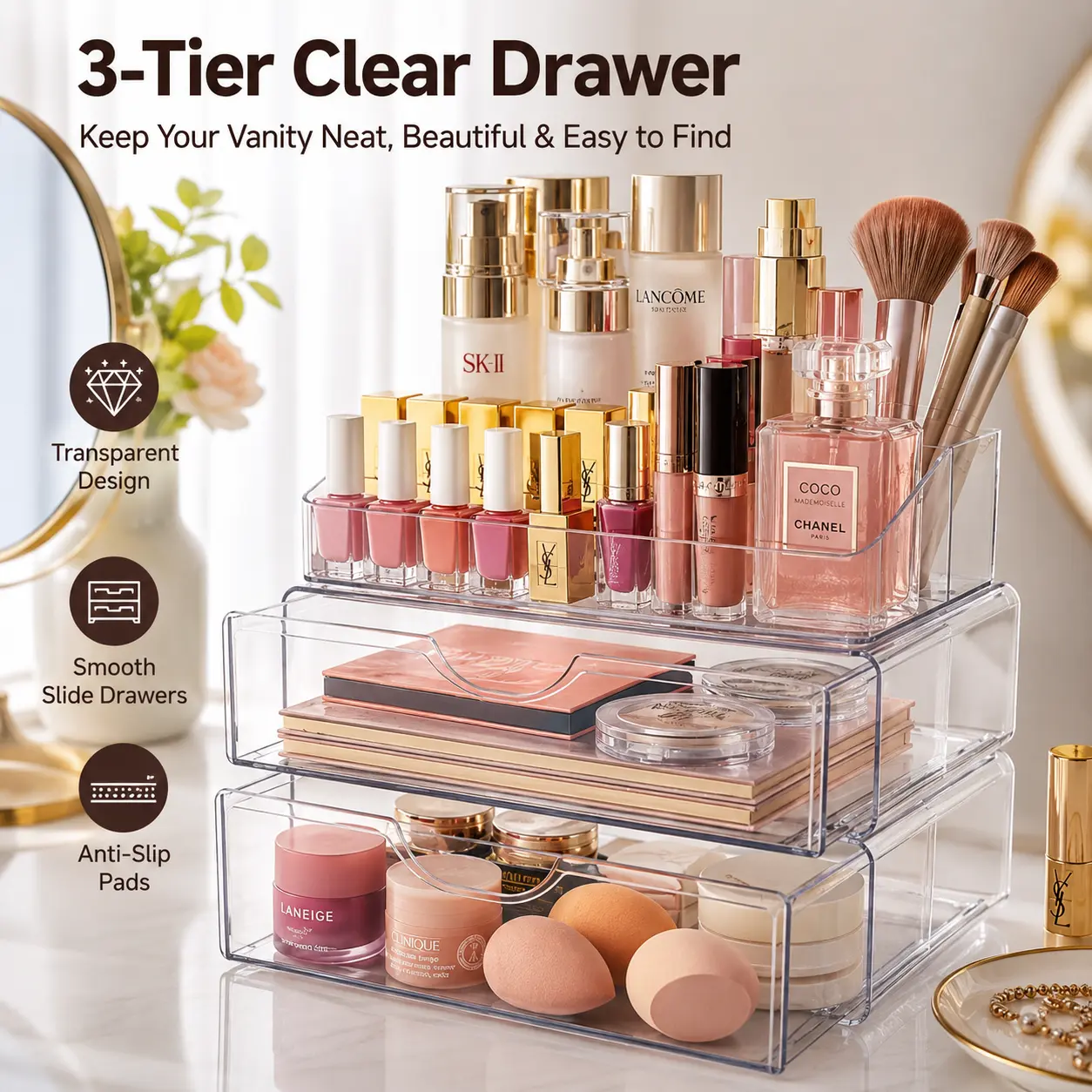 3-Tier Clear Makeup Organizer with 2 Drawers, Large Cosmetic Storage Box for Vanity, Lipstick, Brushes and Skincare