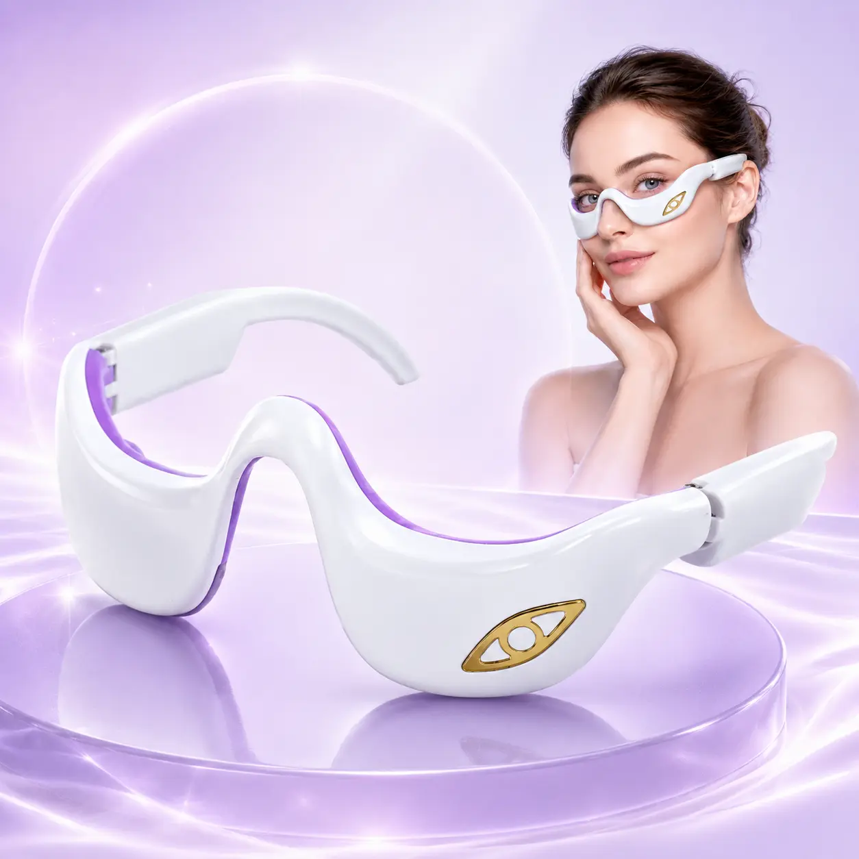 White & Lavender EMS Microcurrent Eye Massager Glasses - Hands-Free Under-Eye Care Device, 3D Wraparound Fit, 10-Min Auto Shut-Off, USB-Rechargeable Portable Beauty Tool for Women & Men