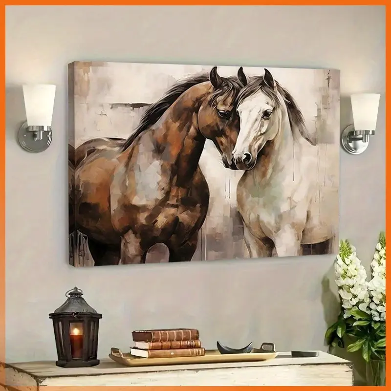1PC 2D Artistic Wood Canvas Painting - 2 Horses Embrace Artwork, Affordable Home Aesthetic Wall Decoration, Fall Clearance Room Decor