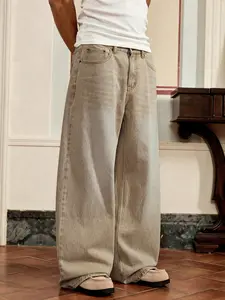 Men's High Street Style Loose Fit Jeans, Vintage Washed Denim Jeans, Trendy Distressed Wide Leg Trousers, Versatile Fashion Apparel, Fashion Pants, Casual Pants